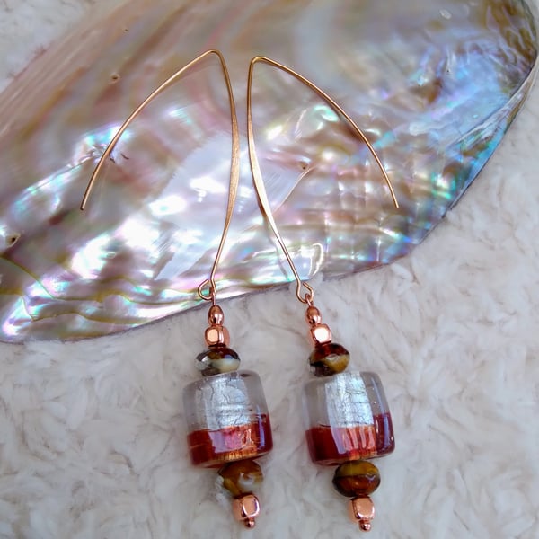 Stylish LAMPWORK glass beaded earrings on rose-gold large earwires