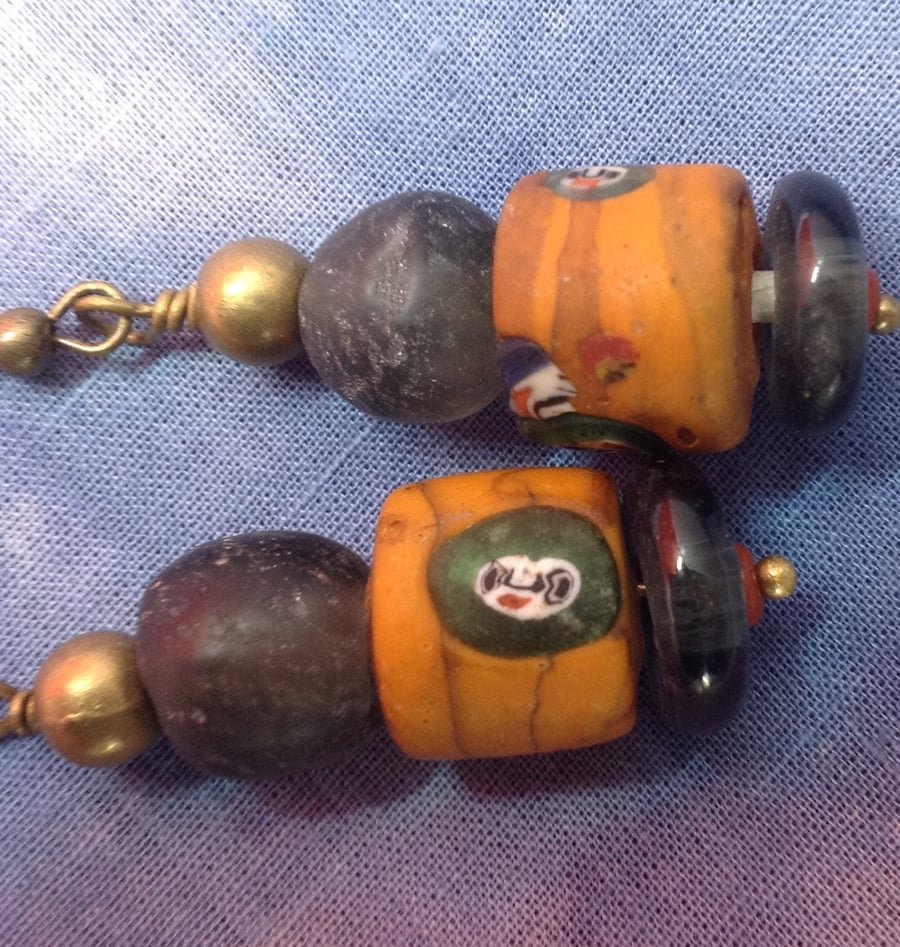 Chunky beaded earrings with face beads from Nepal and Africa 