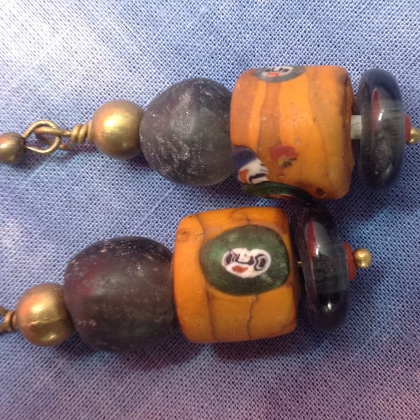 Chunky beaded earrings with face beads from Nepal and Africa 