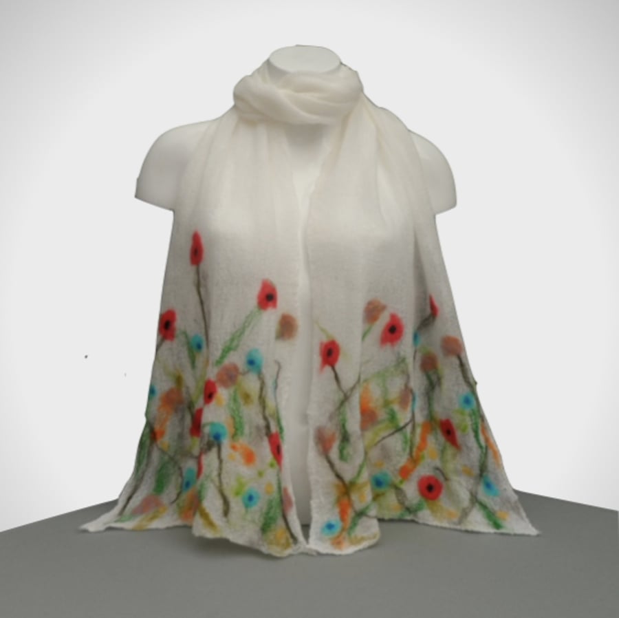 Gift boxed long white merino wool nuno felted floral cotton scarf
