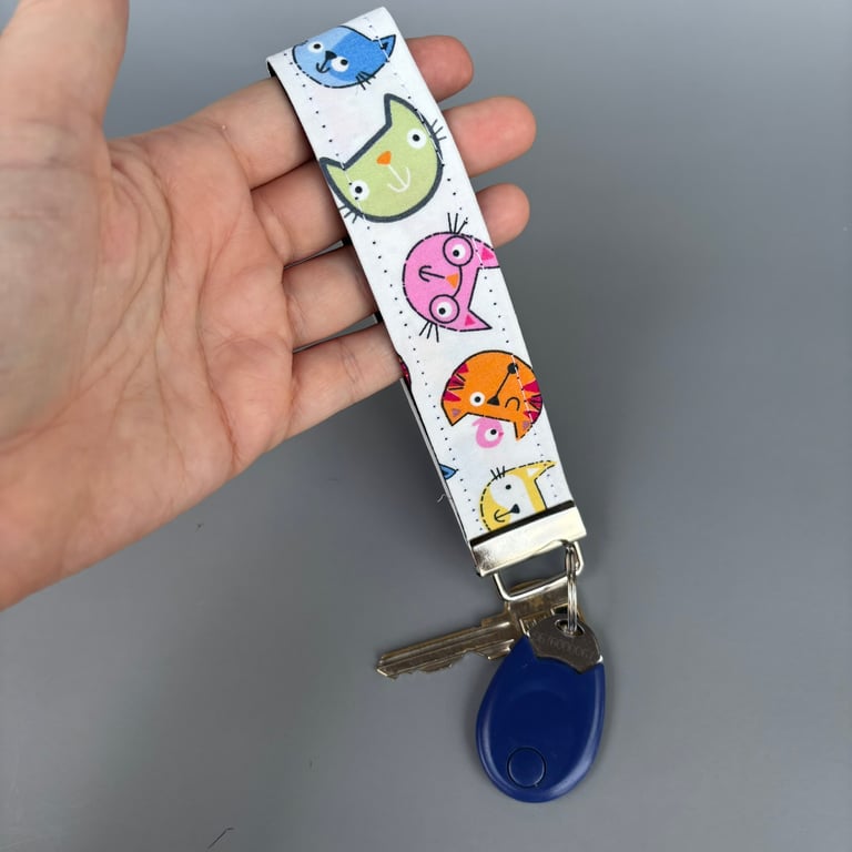 Colourful cats wristlet keychain. Cat keyring. Cat wrist strap 