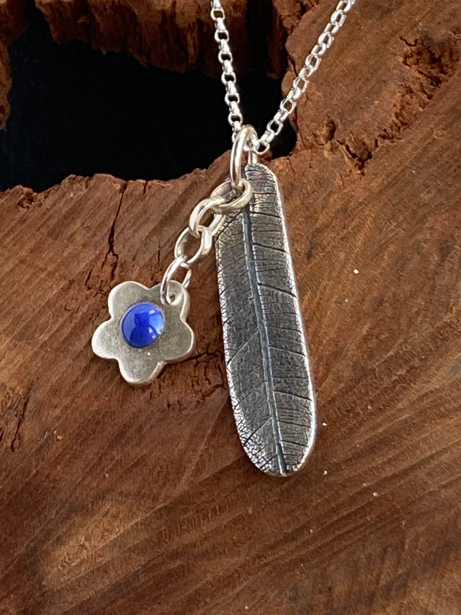 Silver leaf and forget me not pendant