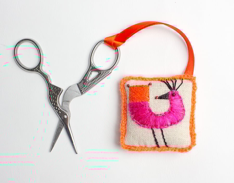 Scissor keeper with hand embroidered bird called Basil