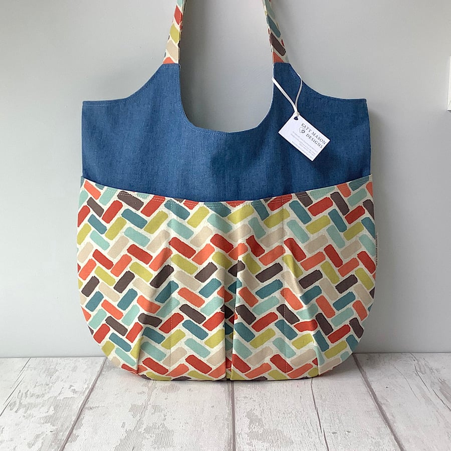 Relaxed Tote Bag - Denim and Colourful Geometric