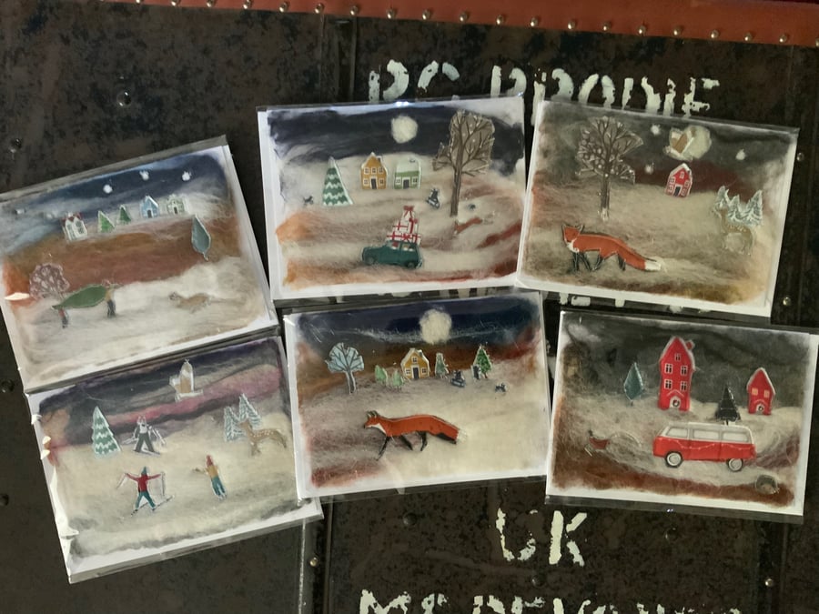 One Christmas card .Needlefelt christmas card. Snow Scene with animals. 