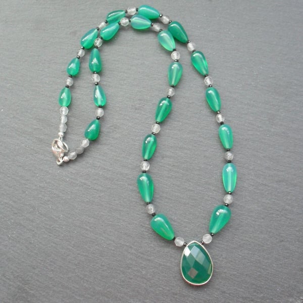 Sterling Silver Green Onyx Black Spinel and Quartz Necklace