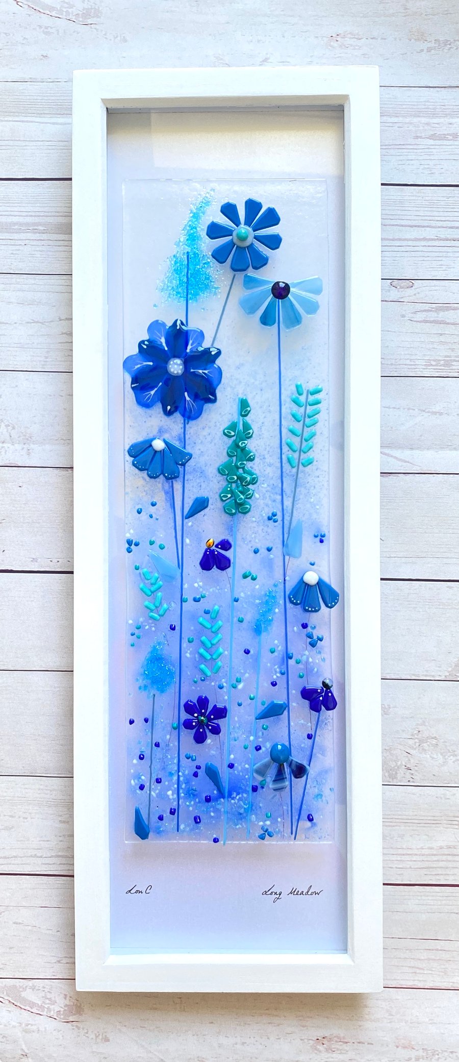 Stunning  Fused glass art picture- long blue meadow flowers