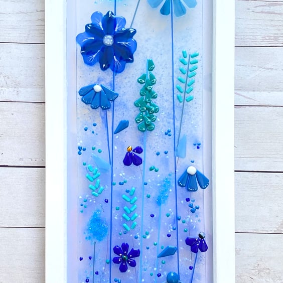 Stunning  Fused glass art picture- long blue meadow flowers