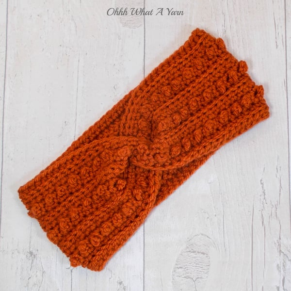 Ladies crochet rust, copper twist ear warmer. Ear warmer. Copper headband.