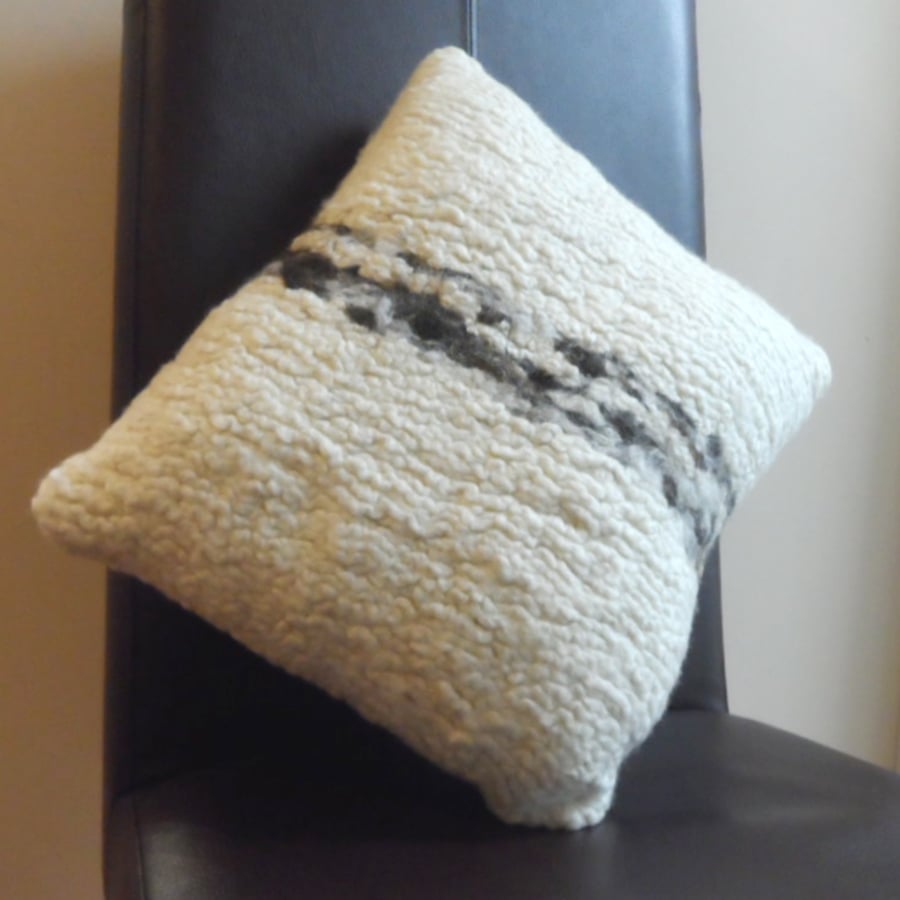 White woven felted wool cushion with fleece stripe