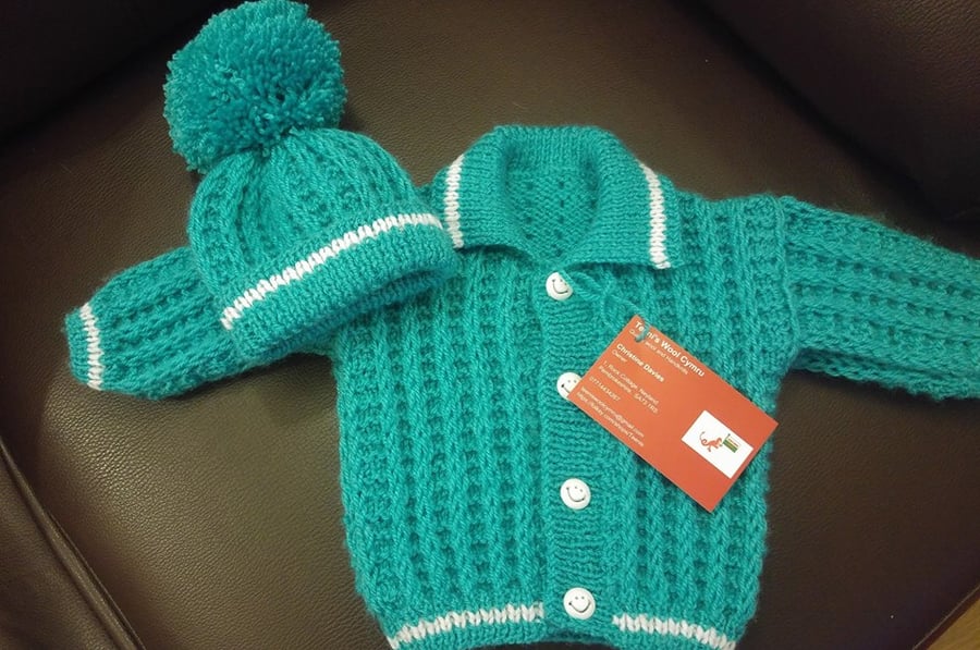 Hand knit  jacket and bobble hat set