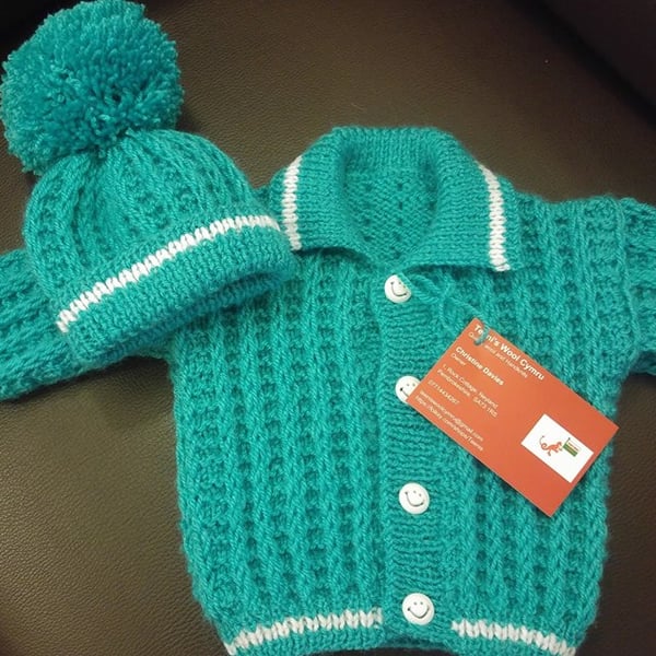 Hand knit  jacket and bobble hat set
