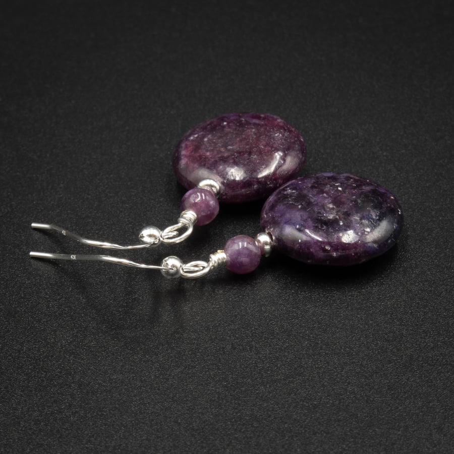 Lepidolite gemstone earrings, purple silver earrings.