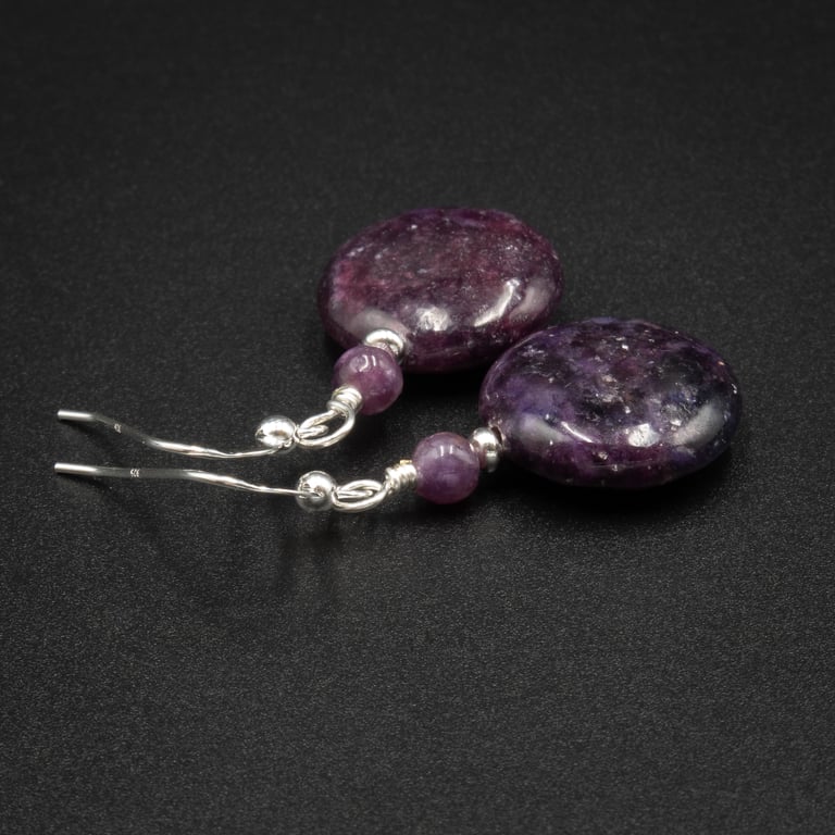 Lepidolite gemstone earrings, purple silver earrings.