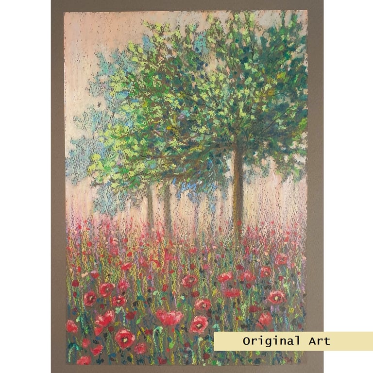 Tree in a patch of poppies, original oil pastel painting, A4 wall art, artwork