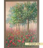 Tree in a patch of poppies, original oil pastel painting, A4 wall art, artwork - Image 1