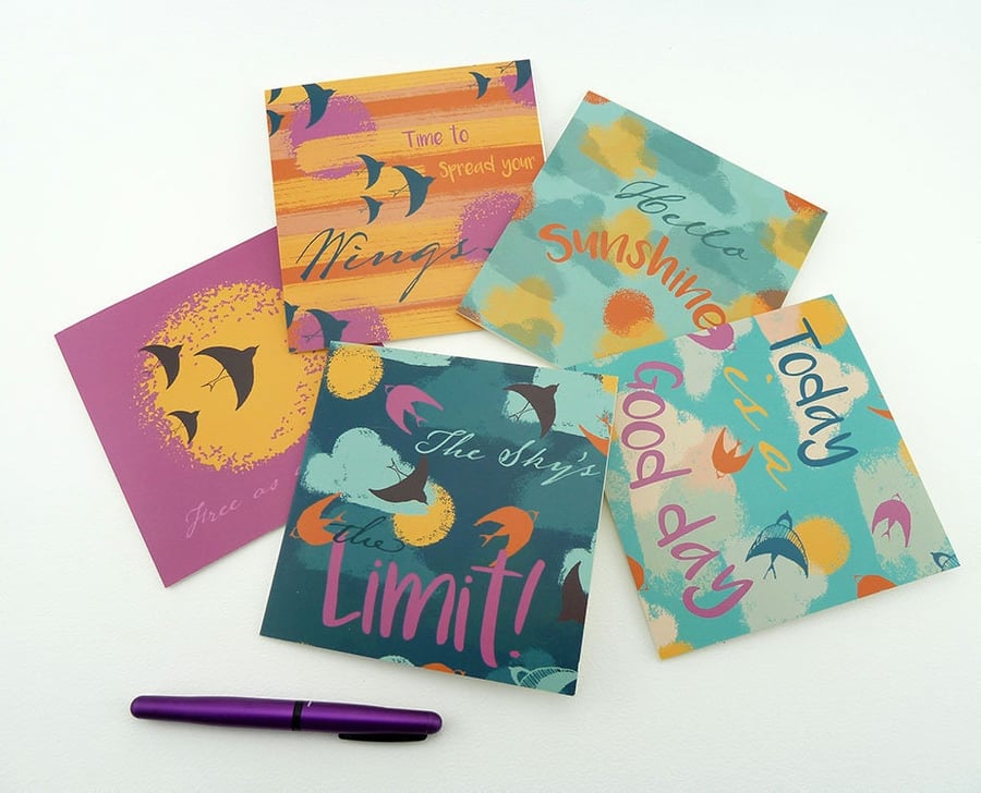 5 pack positive message greeting card with bird designs 