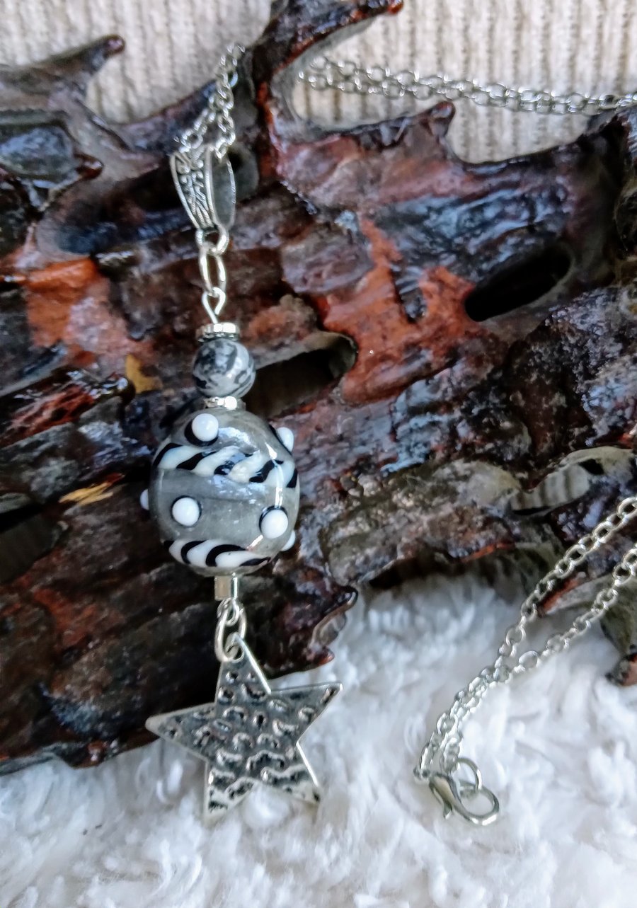 Artisan Lampwork glass & mapstone bead & hammered Tibetan silver STAR necklace