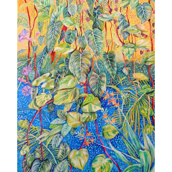 Tropical Jungle Leaves & Flowers Oil Painting Art Deco Botanical Landscape