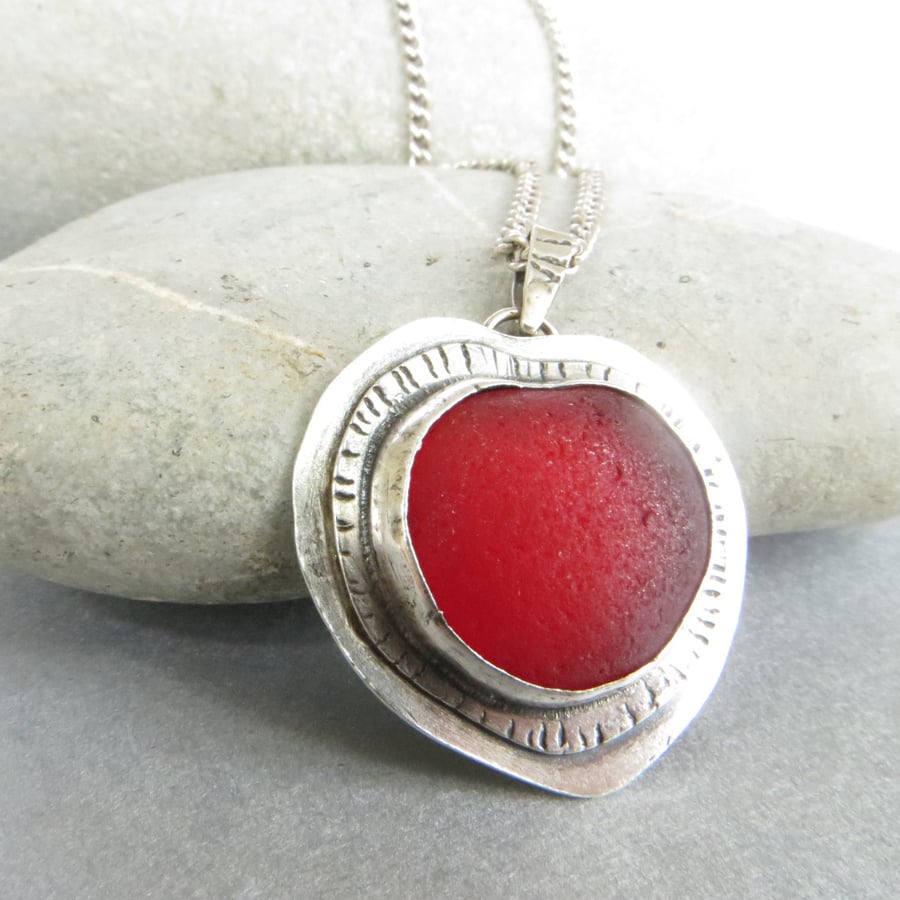 Reserved for Debbi - Red Sea Glass Heart Necklace, Sterling Silver Pendant, 