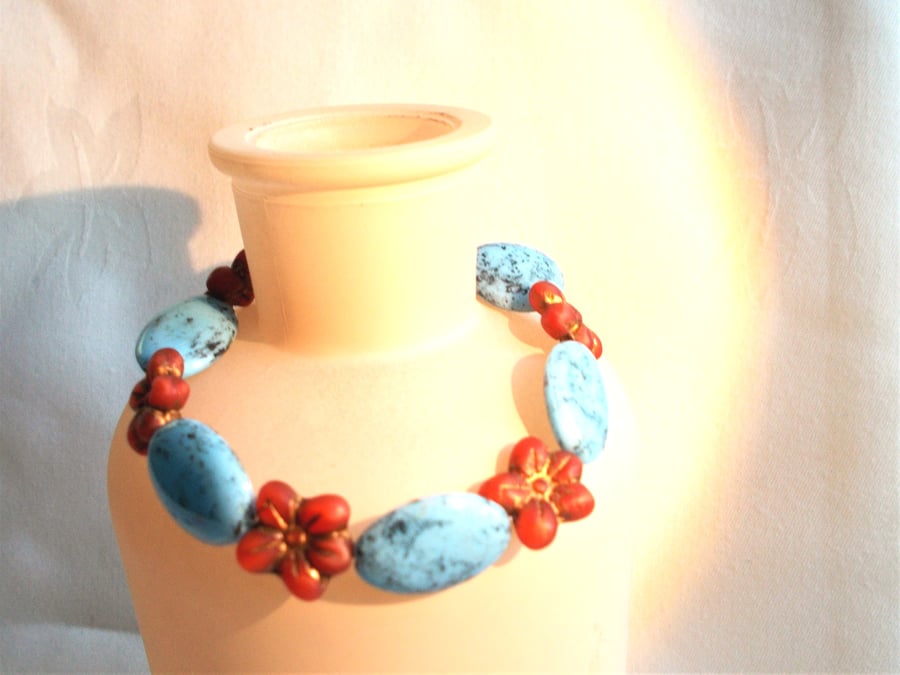 Turquoise & Red Flower Bracelet - FREE UK Post