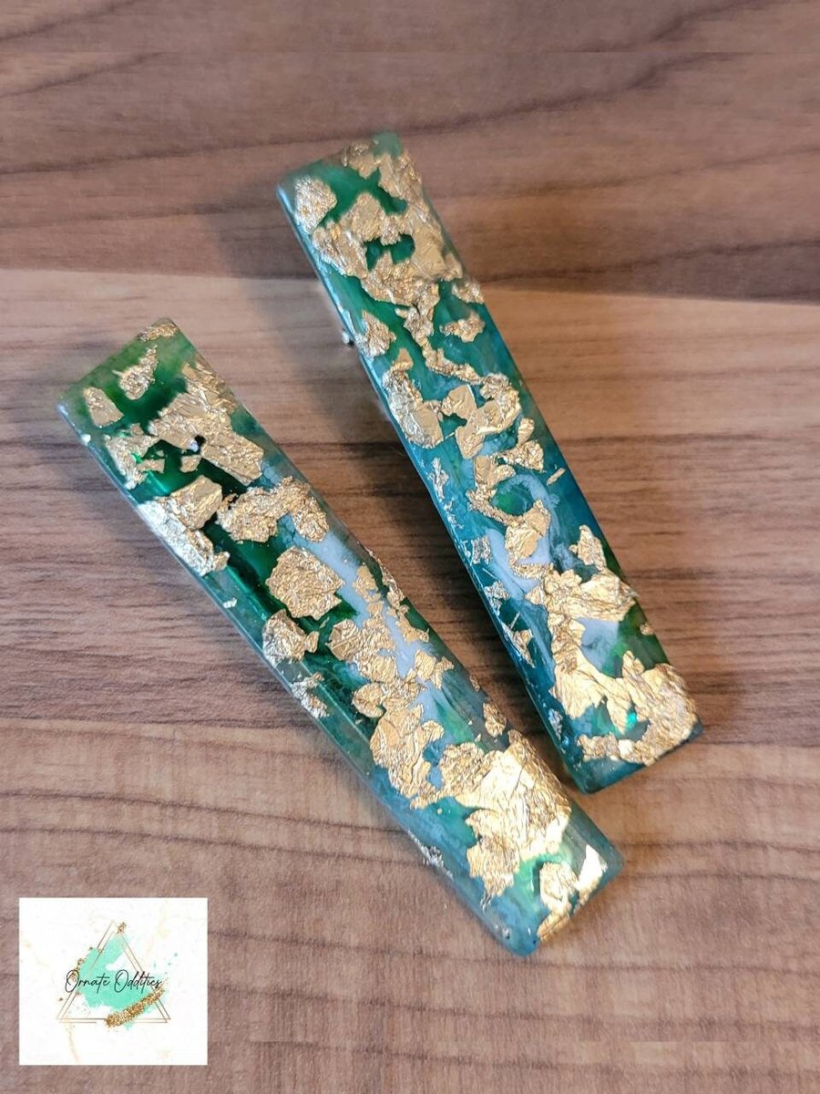 Jade Green Hair Clips with Gold Leaf