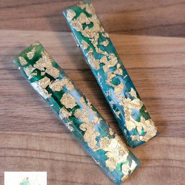 Jade Green Hair Clips with Gold Leaf