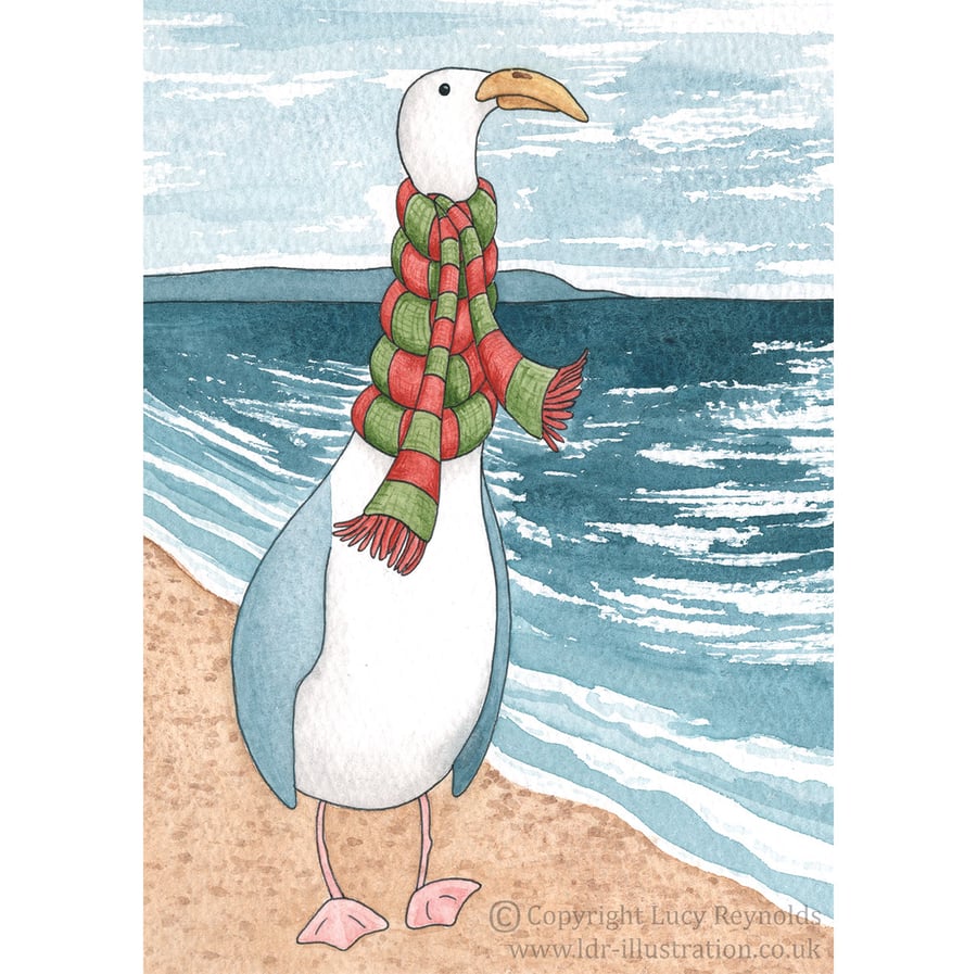 Pack of 4 'Seagull in a Scarf' A5 Christmas Cards