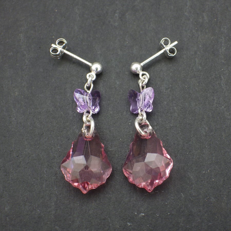 Pink baroque Swarovski drop earrings with lilac purple butterfly beads