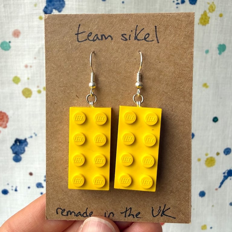 Upcycled Yellow 2x4 Lego Earrings - Silver Plate - Old Stock - Super Seconds