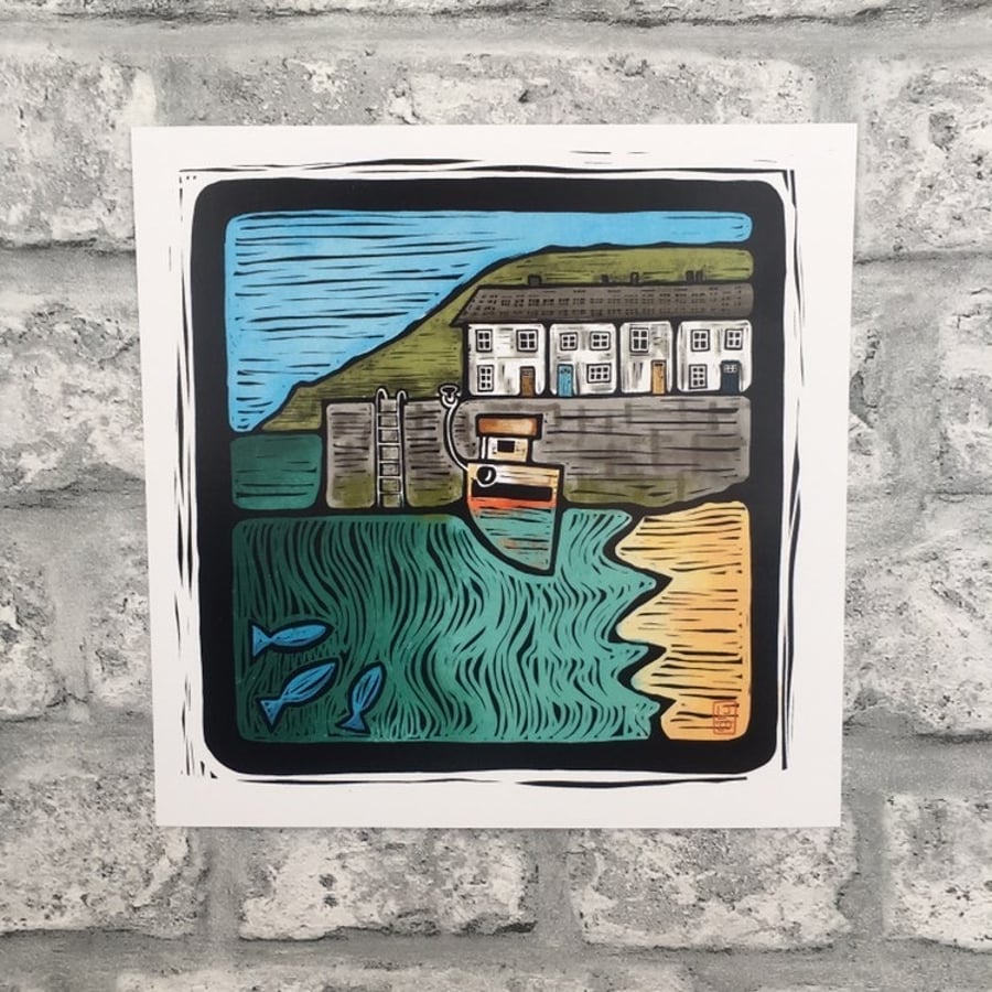 Village harbour print Lino inspired wall art Cornwall seascape