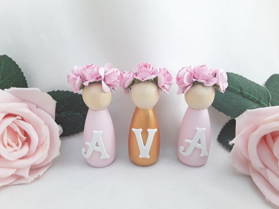 Personalised Pink & Gold Wooden Peg Dolls, New Baby Gift, Personalised Nursery D