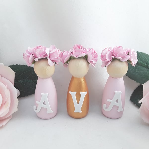 Personalised Pink & Gold Wooden Peg Dolls, New Baby Gift, Personalised Nursery D