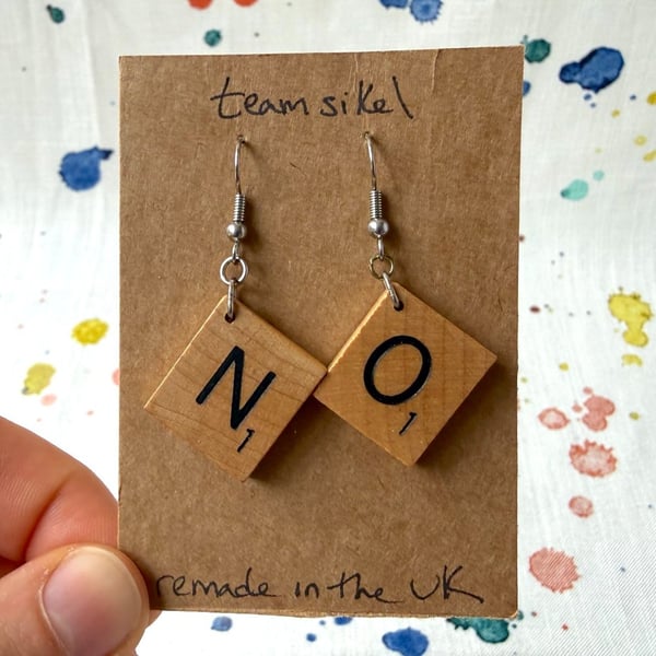 Scrabble 'NO' Earrings with Surgical Steel Hooks - Old Stock - Super Seconds