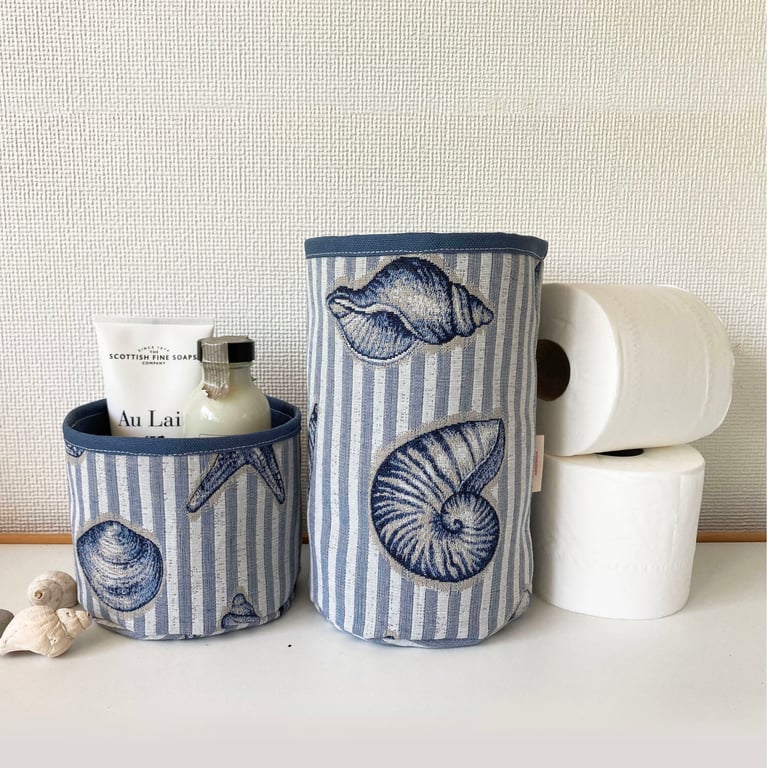 Handmade Bathroom Fabric Storage Basket Toilet Roll Holder l Coastal Seashells