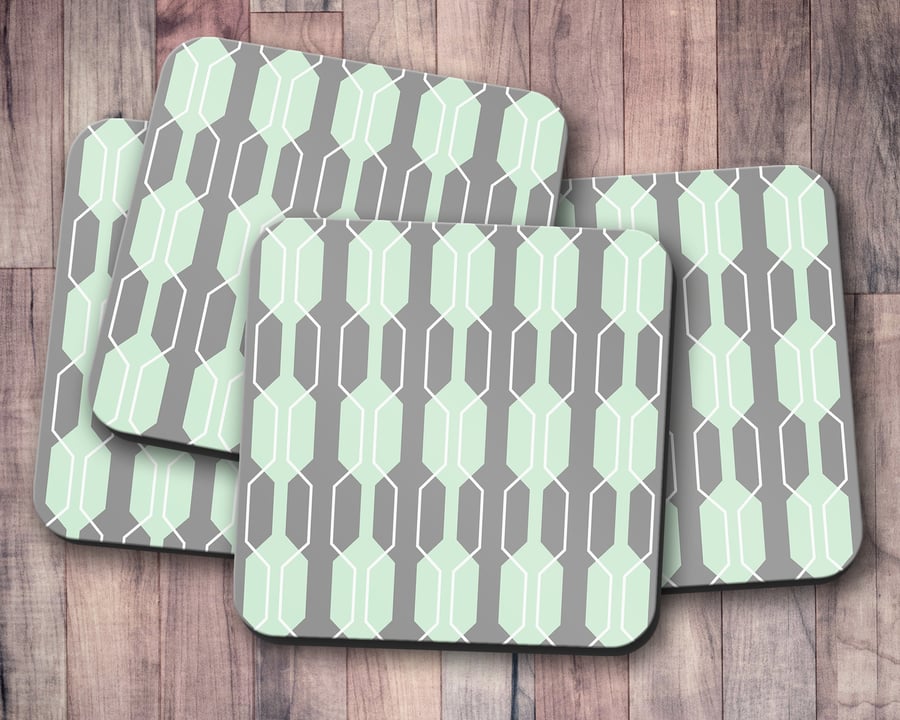 Grey with Mint Green Geometric Design Coaster
