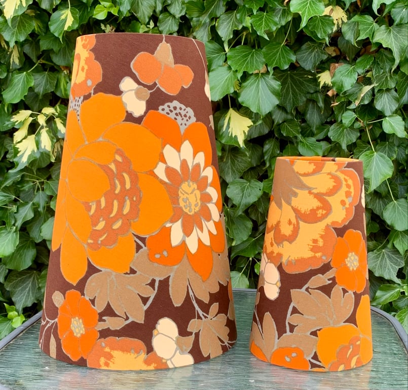 Funky Floral Genevieve Brown Orange 60s 70s Vintage style Fabric Lampshade