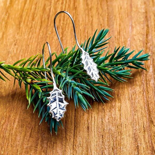 Fine Silver Holly Leaf Earrings