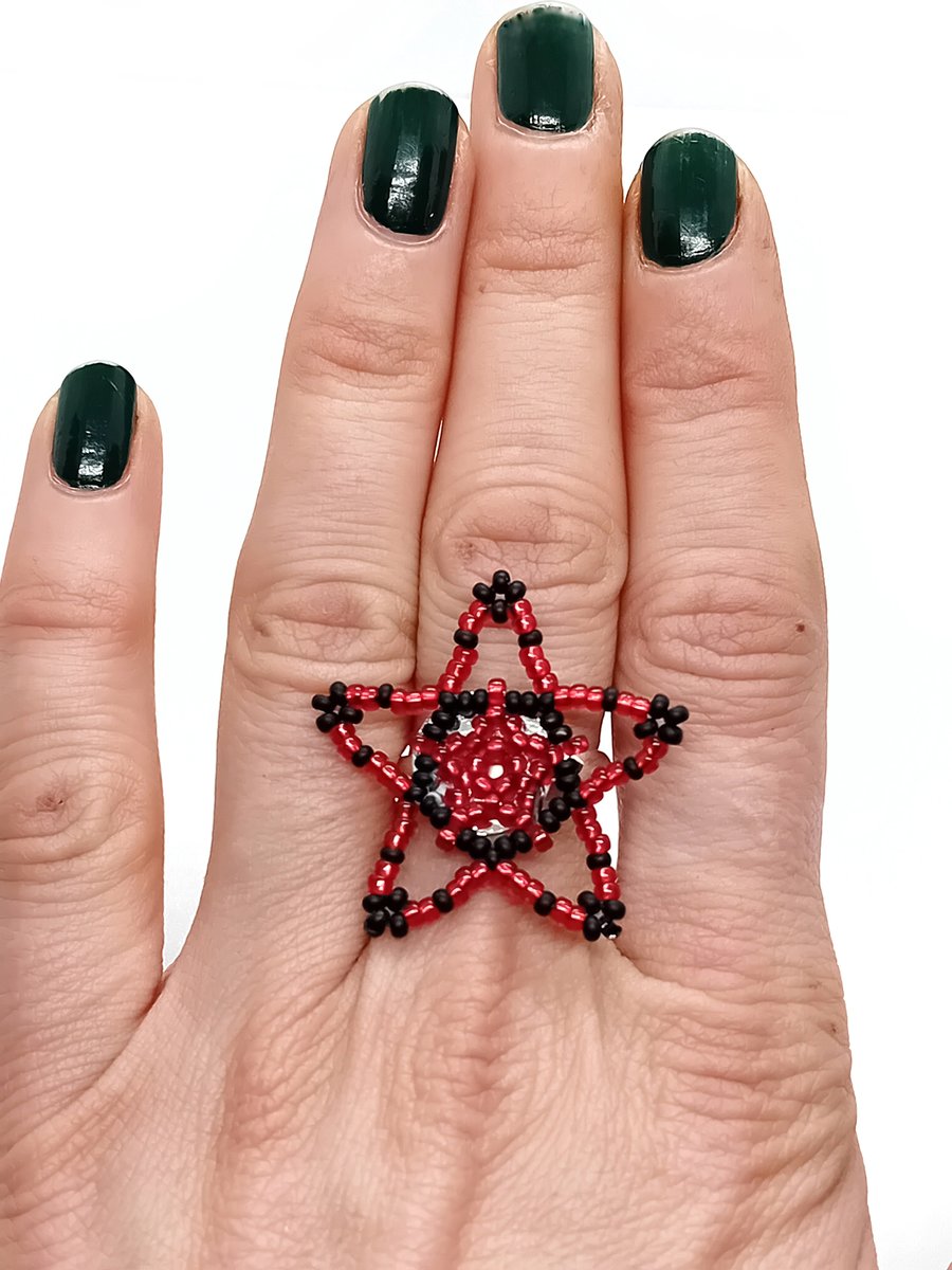 Red and black beaded pentacle adjustable ring
