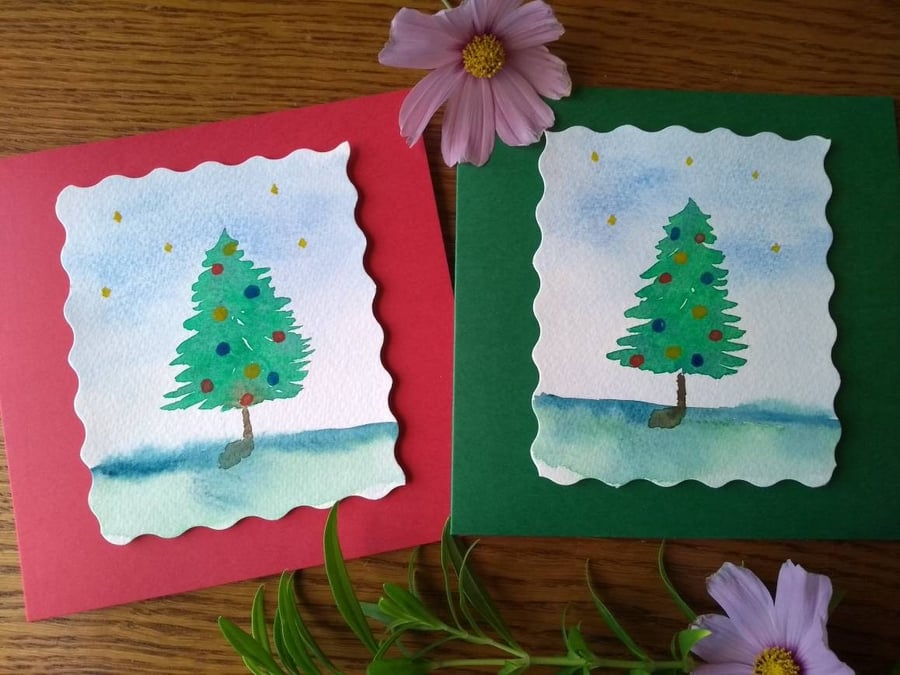 Set of 2 Hand Painted Christmas Cards, 