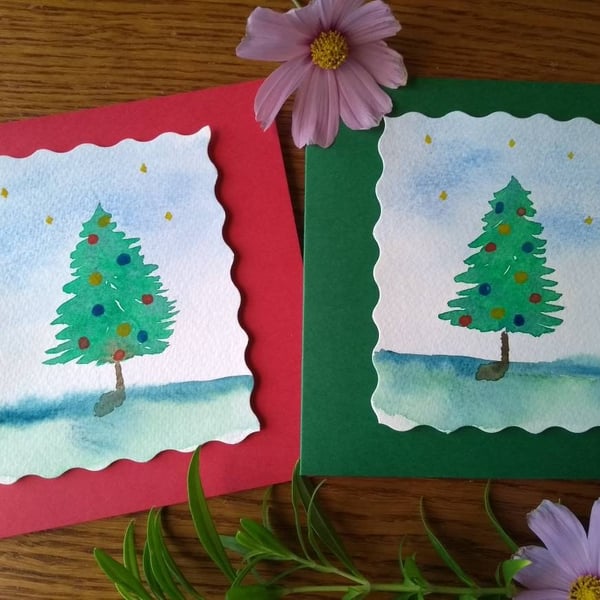 Set of 2 Hand Painted Christmas Cards, 