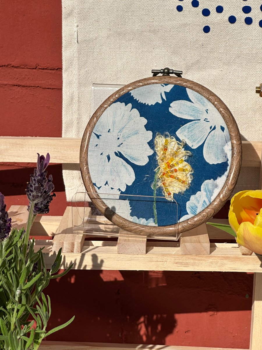 Beaded Embroidery on Cyanotype Cotton – 4.5” Botanical Hoop Art