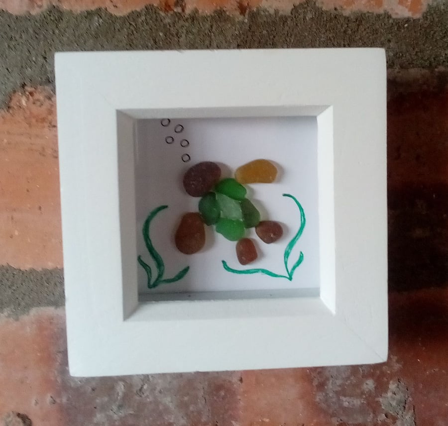 Scottish Seaglass turtle framed sea glass picture