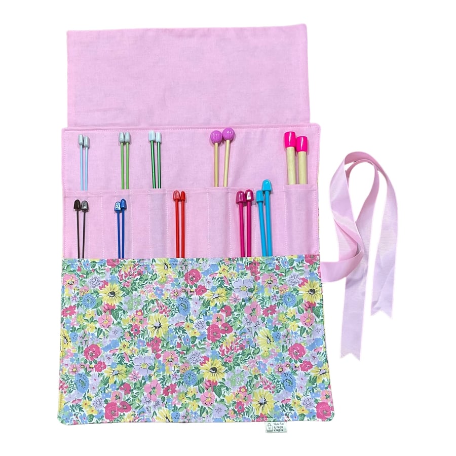 Liberty floral print Straight knitting needle case, needle roll, ribbon tie 
