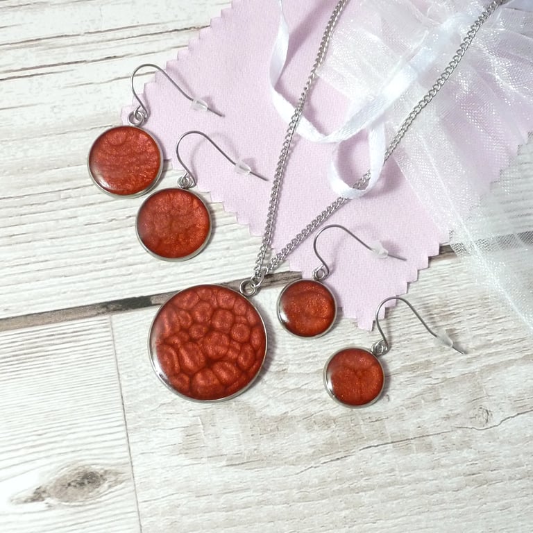 Deep Red pendant and earrings set, steel and enamel jewellery set for woman
