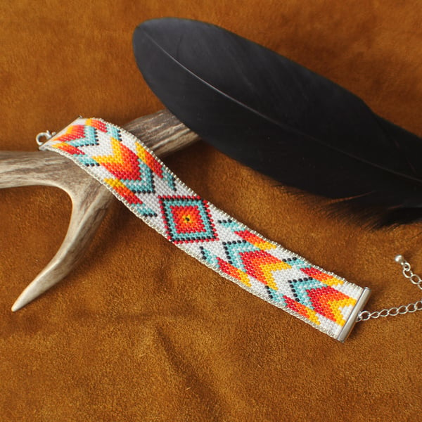 Native American Style Miyuki Seed Beaded Desert Flame Colour Bracelet Adjustable