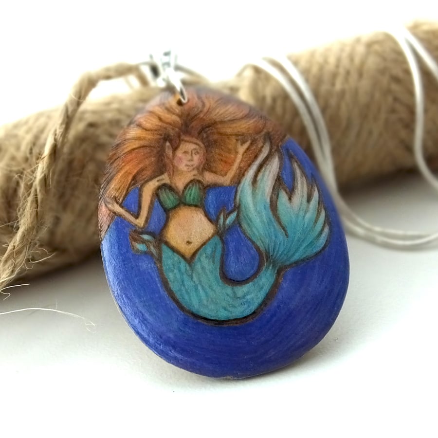 Auburn Mermaid Pyrography Pendant Necklace, Wood Teardrop, Sea Lover