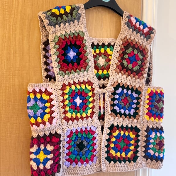 Handmade Crochet Granny Square Waistcoat – Retro Boho Style 