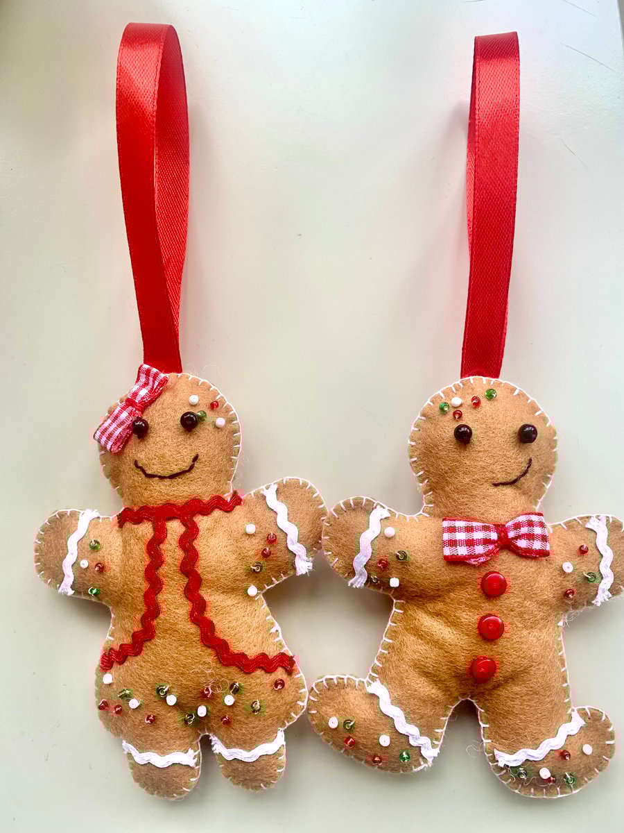 Pair of felt gingerbread Christmas decorations 