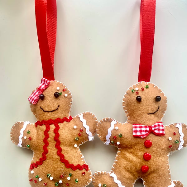 Pair of felt gingerbread Christmas decorations 